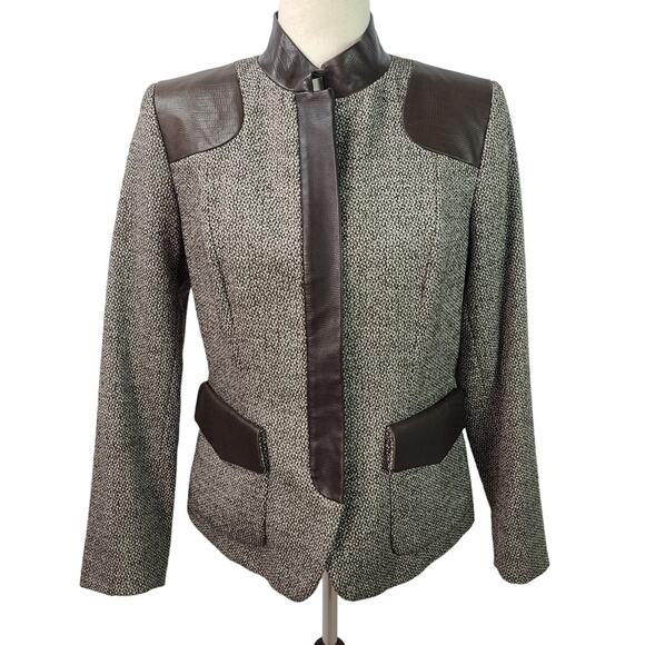 Dana Buchman Brown Tweed Zip Up Vintage Jacket Leather Trim M8 P - Picture 1 of 5